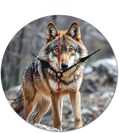 Decorative Round Wooden Wall Clock Wolf Modern Frameless No Scale Clock Non Ticking Clock Time Clocks for Home Bedroom Office Living Room 15.7 Inches