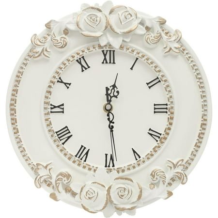 Decorative Wall Clock, 12x11In Small Vintage White Round Wall Clock Battery Operated Silent French Country Decor Wall Clocks for Farmhouse, Kitchen, Bedroom (Round-Carving)