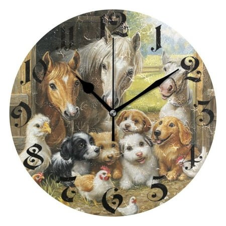 DEIARA Farm Animals Burgundy Butterfly Wall Clock 10in Silent Mechanism Battery Operated Retro Style for Living Room Bedroom and Kitchen Black Pointer