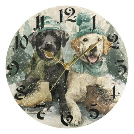 DEIARA Snow Labrador Burgundy Butterfly Wall Clock 10in Silent Mechanism Battery Operated Retro Style for Living Room Bedroom and Kitchen Gold Pointer