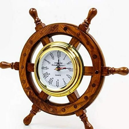 , Deluxe Class Wood and Brass Ship Wheel Clock 12 - - Nautical Home Decorating