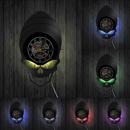Demon Alien Skull Retro Clock Watch Goth Scary Wide Cheekbones Eyes Skeleton Vintage Vinyl Record Wall Clock Halloween Wall Deco