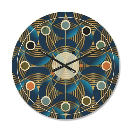 Designart 'Geometric Abstract Waves in Marine Blue and Gold' Mid-Century Modern Wood Wall Clock