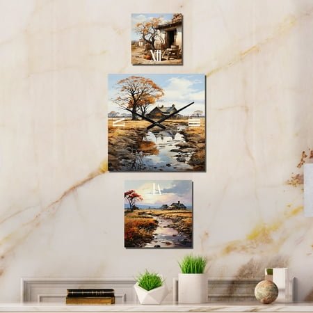 Designart Rustic Farmhouse Getaway Countryside Extra large Clock For Office Décor - Large Country Wall Clock - Oversized Brown Wall Clock - Set Of 3