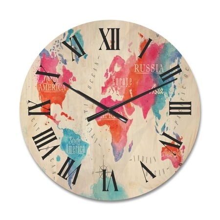Designart 'World Map In Blue and Pink' Modern Wood Wall Clock
