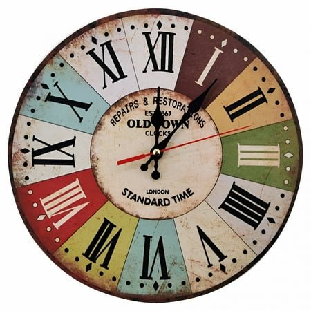 DESIGNICE 12 Inch Retro Wooden Wall Clock Farmhouse Decor, Silent Non Ticking Wall Clocks Large Decorative - Quality Quartz Battery Operated - Antique Vintage Rustic Colorful Tuscan Country Style