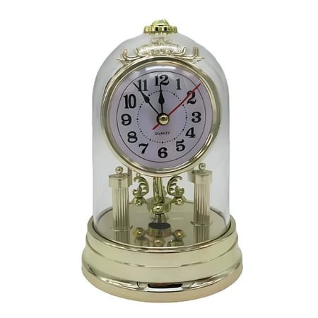 DESIGNICE Classic Vintage Clock European Style Desk Antique Clock with Pendulum and Chime,Plastic Dome,Triple Crown Finial,Revolving Synthetic Crystals,Loud Alarm,Home Decoration,Gold,11X16.8cm