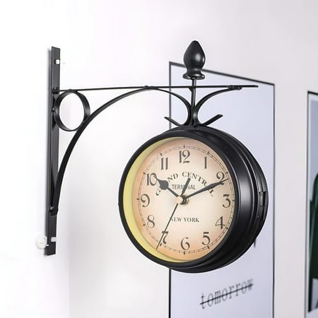 DESIGNICE Two-Sided Station Clock Double-Sided Wall Clock Retro Grandfather Clock Vintage Antique-Look Bracket Hanging Decorative Clock For Garden Indoors,Clock 12.12 * 7.5 Cm