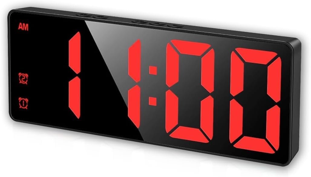 Digital Alarm Clock, Mirror Surface LED Electronic Clocks Large Display, Adjustable Brightness, Dual Power Supply, Snooze Model for Bedroom, Desk, Office (Black Case + Red Digit)