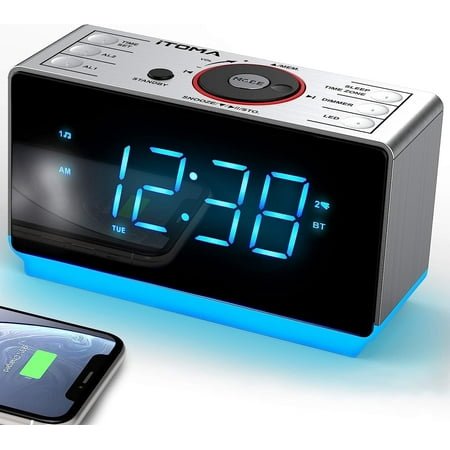 Digital Alarm Clock Radio with Bluetooth Speaker, FM Radio, Dual Alarm with Snooze, Large LED Display, Dimmer Control, Headphone,USB Charging Output and Night Light 708