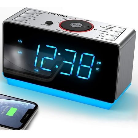 Digital Alarm Clock Radio with Bluetooth Speaker, FM Radio, Dual Alarm with Snooze, Large LED Display, Dimmer Control, Headphone,USB Charging Output and Night Light 708
