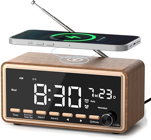 Digital Alarm Clocks Radio for Bedrooms,FM Radio & White Noise Sound Machine with Timer,Bluetooth Speaker,Dual Alarm Clock with Wireless Charging,Dimmable Big LED Display,Holiday Gifts for Men Women