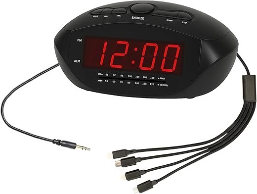 Digital Alarm Clock with USB-C, Micro USB, Mini USB & Apple-Style 8-Pin Charging Cables | AM/FM Clock Radio with Red LED Display, AUX Input, Loud Alarm for Heavy Sleepers | Desk or Bedside Clock