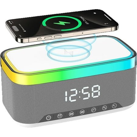 Digital Alarm Clock with Wireless Charging, Bedside with Fast Wireless Charging 15W, Timer Alarm Clock for Heavy Sleepers, RGB Night Light, Bluetooth Speaker Suitable for Indoor & Outdoor, Grey