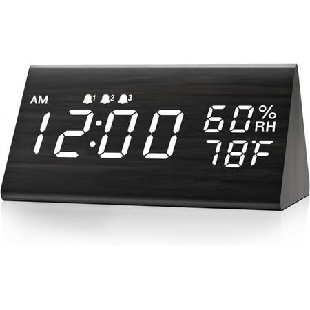 Digital Alarm Clock, with Wooden Electronic LED Time Display, 3 Alarm Settings