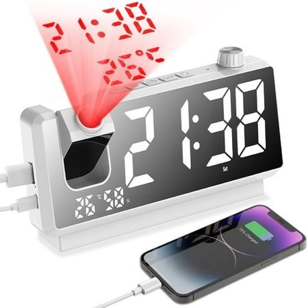 Digital Projection Alarm Clock for Bedroom, 4-Level Dimmer, Dual Alarms, USB Charger Ports, Temperature & Humidity Display, Battery Backup, Snooze Function, 12/24H