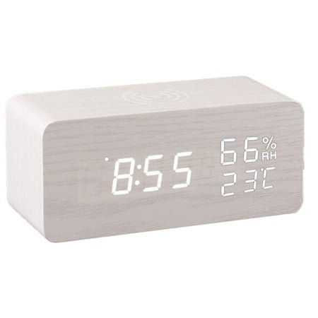 Digital Wooden Alarm Clock with Wireless Charging,Weekday/Weekend Mode, Wood LED Clocks for Bedroom, Bedside, Desk, Kids - White wood