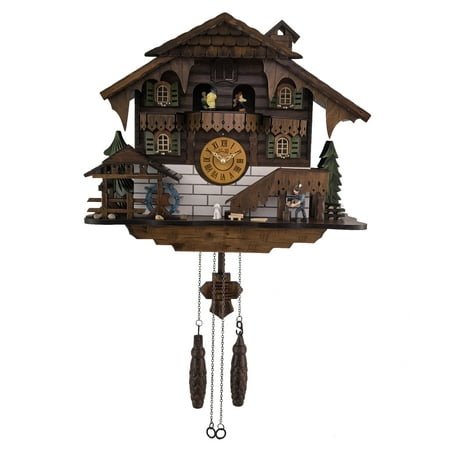 DomIQ Traditional Black Forest Cuckoo Clock, 15.5, Moving Wood Chopper, Analog, Battery, Quartz, Wooden Pendulum