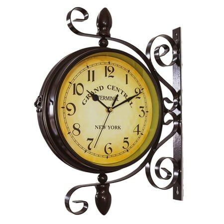 Double Sided Wall Clock - 14.6 x 11 x 3.9 Inches Iron Train Station Clock, Vintage Industrial Clock for Home, Office, Bar Decor - Classic Retro Design, Durable Iron Material, Perfect Wall Decoration