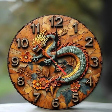 Dragon Clock Wall Decor Asian Style Home Decor 10-Inch Silent Wooden Wall Clock, Battery Operated (AA Batteries Not Included), Artistic Home Decor