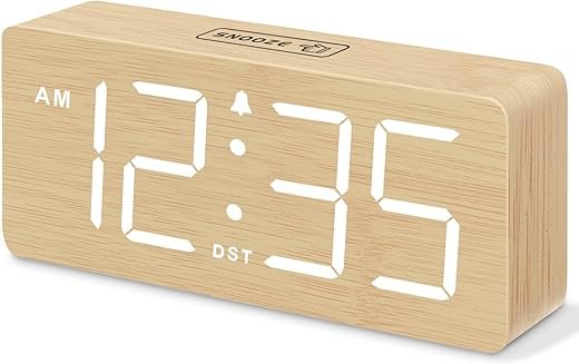 DreamSky Wooden Digital Alarm Clock for Bedroom - Desk Clocks for Living Room with Large Numbers, Dimmer, Loud Alarm for Heavy Sleepers with Volume Control, DST, Office Wood Decor (Plug in Clock)