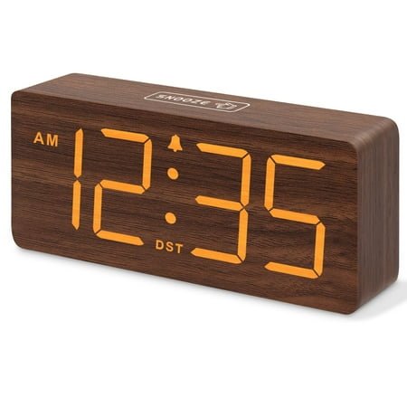 DreamSky Wooden Digital Alarm Clock for Bedroom - Desk Clock with Large Numbers for Living Room Office, Loud Alarm for Heavy Sleepers Adults, Volume Control, Dimmer, DST, Wood Decor (Plug in Clock)