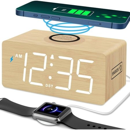 DreamSky Wooden Digital Alarm Clock with Wireless Charging for Bedroom, Bedside Nightstand Clock with Charger Station, USB Port, Large Numbers, Adjustable Volume, Brightness Dimmer, DST