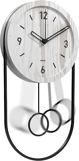 Driini Decorative Wall Clock with Pendulum (White) – Modern Wood, 3D Black Numbers, Metal Frame – Small, Unique Wall Clocks for Living Room Decor or Bathroom - Battery Operated, Silent, Non-Ticking