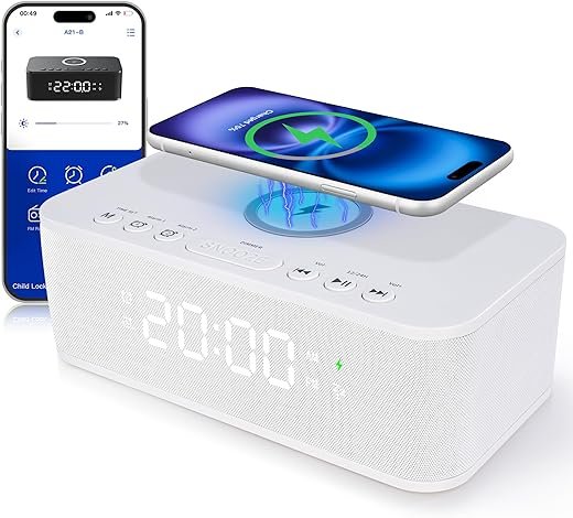 Dual Alarm Clock Radio Bedroom, Digital Alarm Clocks Bedrooms Bluetooth, Up to 10 Bedroom Alarms Clock White Noise 23 Soothing Sounds App/Button Control Snooze 12/24H FM Speaker Charging, White