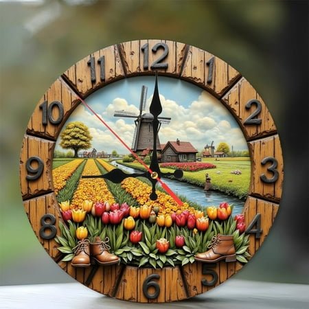 Dutch Windmill Tulips Clock Wall Art 10-Inch Silent Wooden Wall Clock, Battery Operated (AA Batteries Not Included), Artistic Home Decor