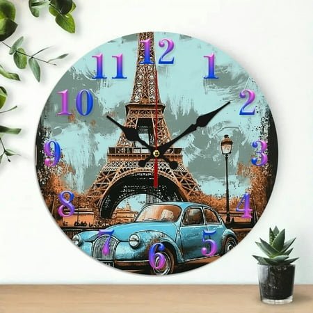 Eiffel Tower Round Clock Wall art Decor, Battery Operated (AA Not Included) Great for Living Room, Kitchen, Dorm Decoration and Daily Practical Gift