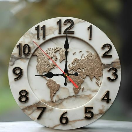 Elegant World Map Marble Wall Clock Decor 10-Inch Silent Wooden Wall Clock, Battery Operated (AA Batteries Not Included), Artistic Home Decor