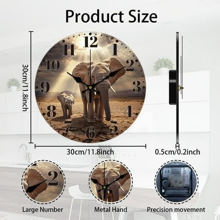 Elephant Wall Clock 12 Inch Battery Operated Clocks Wild Elephant Non Ticking Silent Wall Clock Decorative Clocks