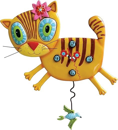 Enesco Allen Designs Kimi The Kitty with Flowers Sculpted Pendulum Wall Clock, 11.5 Inch, Orange