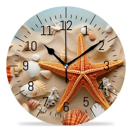erolrail Rustic Wall Clock,Silent Non Ticking Wall Clocks for Living Room,Bedroom,Kitchen 12IN Starfish Seashell Sand Beach Image