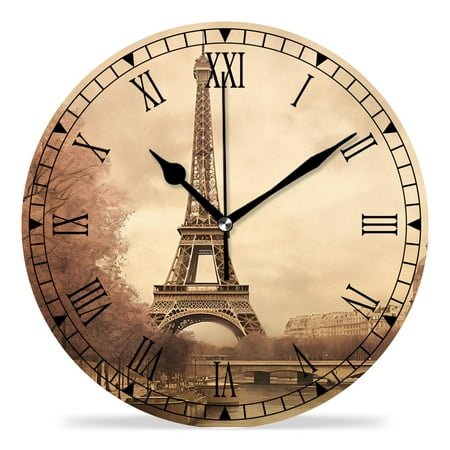erolrail Rustic Wall Clock,Silent Non Ticking Wall Clocks for Living Room,Bedroom,Kitchen 12IN Eiffel Tower Retro Paris Pattern