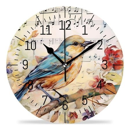 erolrail Rustic Wall Clock,Silent Non Ticking Wall Clocks for Living Room,Bedroom,Kitchen 12IN Retro Wine Bird Flower Painting