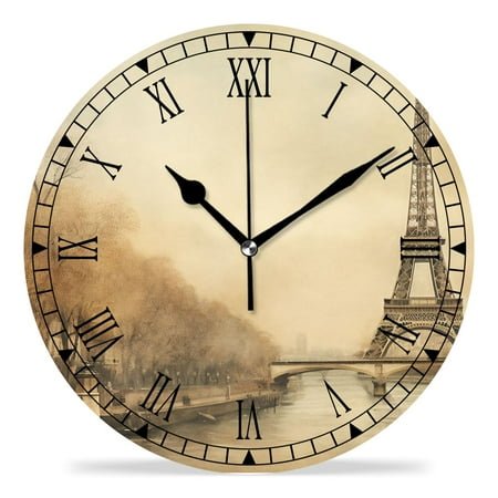 erolrail Rustic Wall Clock,Silent Non Ticking Wall Clocks for Living Room,Bedroom,Kitchen 12IN Eiffel Tower Retro Paris Cute Drawing