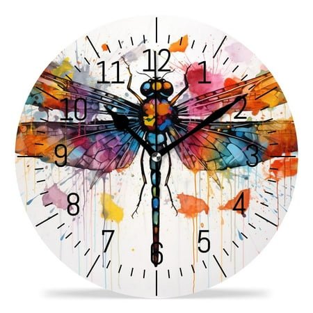 erolrail Rustic Wall Clock,Silent Non Ticking Wall Clocks for Living Room,Bedroom,Kitchen 12IN Watercolor Art Dragonfly Beautiful