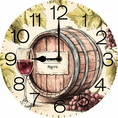 Eveokoki Wine Cheese Barrel Wall Clocks Ripe Grapes Wine Bottles Glasses Wooden 10 Inch Silent Non Ticking Battery Operated Clock Vintage Round Clock for Living Room Bedroom Bathroom Office Decor