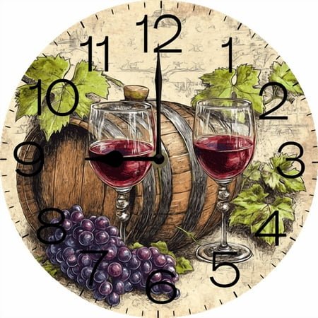 Eveokoki Wooden Wine Wall Clock Silent Non Ticking,Round Grape Retro Clocks Battery Operated Watercolor Vintage Desk Clock 10 Inch Quartz Analog Quiet Bedroom Living Room Home Decor