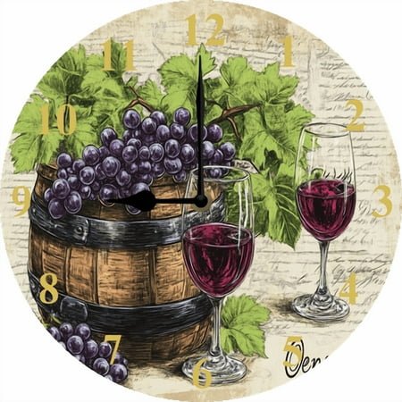 Eveokoki Wooden Wine Wall Clock Silent Non Ticking,Round Grape Retro Clocks Battery Operated Watercolor Vintage Desk Clock 10 Inch Quartz Analog Quiet Bedroom Living Room Home Decor