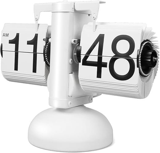Flip Desk Clock, Retro Vintage Auto Flip Down Table Clock, Large Number Mechanical Battery Powered Internal Gear Operated Clocks for Home & Office Decor (White)