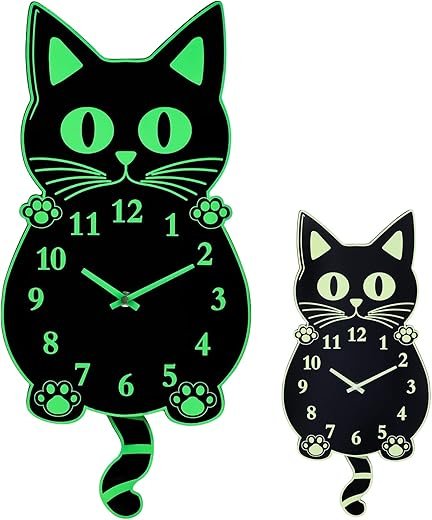 Fomaris Cat Wall Clock with Swinging Tail Glow in Dark Night Light Funny Wall Clock Christmas Decor Gift Black