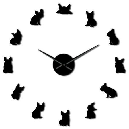 French Bulldog DIY Giant Wall Clocks France Domestic Dog Modern Large Modern Wall Clock(Black,27inch)