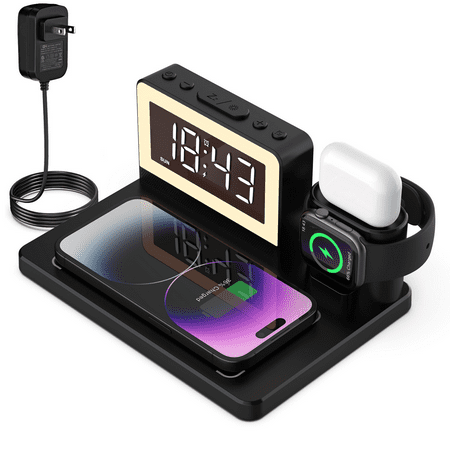 FU2082 Wireless Charging Station with Alarm Clock, 7 Night Lights, 5-in-1 Wireless Charger for iPhone 16/15/14/13/12/11/Pro/Max/XR/X/8, Samsung Phone, Apple Watch, AirPods (Watch Cable not Included)