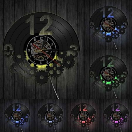 Gears and Cogs Wall Art Steampunk Ornaments Decor Vinyl Record Wall Clock Cyclist Cycling Fan Cogwheels Retro Clock With LED