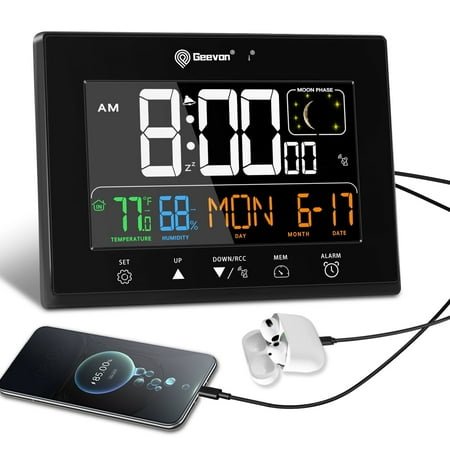 Geevon Digital Atomic Alarm Clocks for Bedrooms with Battery Backup, HD Color Display Atomic Lock with Backlight, 2 USB Ports, Indoor Temperature and Humidity, Moon Phases, Time, and Calendar