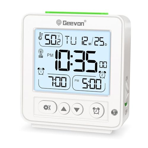Geevon Small Digital Alarm Clock for Heavy Sleepers, Portable Travel Atomic Clock with Battery Powered, Compact Desk Table Clock with Auto Light Night, Dual Alarms, 8s Backlight for Bedroom, White