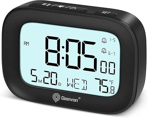 Geevon Small Travel Alarm Clock, Digital Alarm Clocks for Bedrooms Home Office, Battery Operated Desk Clock with 3 Inch Large Display, 2 Alarms, 5s Backlight, Snooze, Indoor Temperature, Black